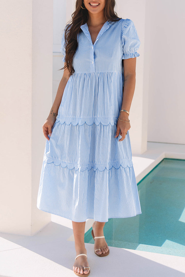 Bubble Short Sleeve Tiered Scallop Long Dress