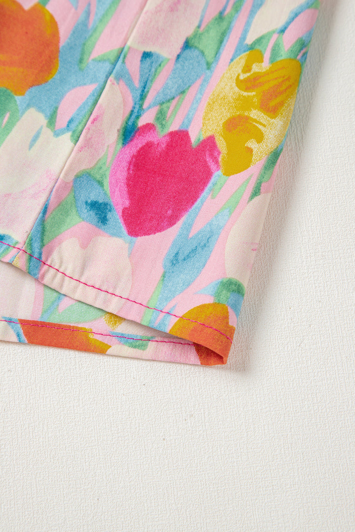 Floral Layered Ruffle Flutter Sleeve Tie V Neck Blouse