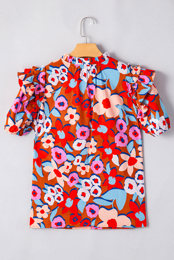 Flower Print Self Tie Frilled Collar Puff Sleeve Blouse
