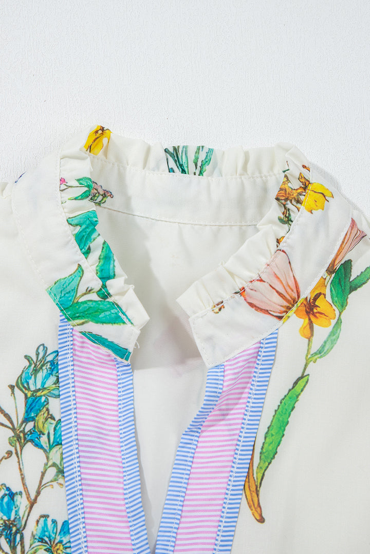 Floral Print Contrast Striped Patchwork Short Puff Sleeve Dress