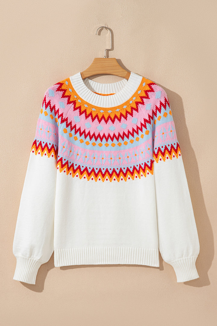 Ethnic Geometric Colorblock Print Drop Shoulder Sweater