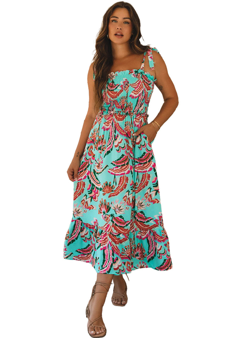 Abstract Print Smocked Bodice Knotted Straps Ruffled Maxi Dress