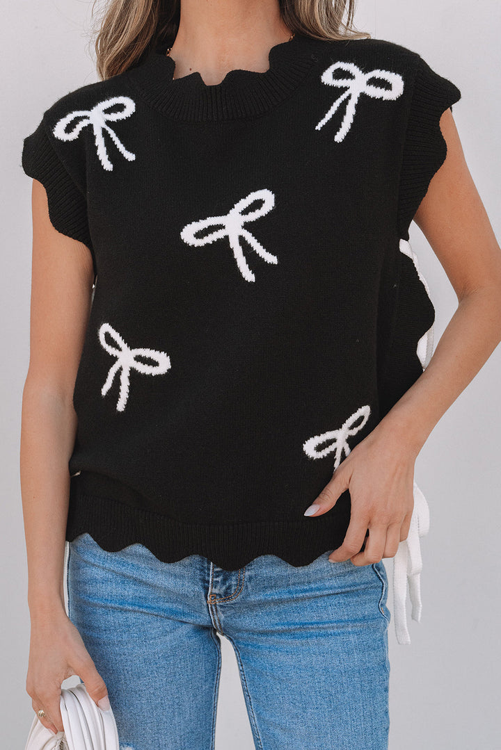 Bow Print Side Ties Scalloped Hem Sweater T Shirt