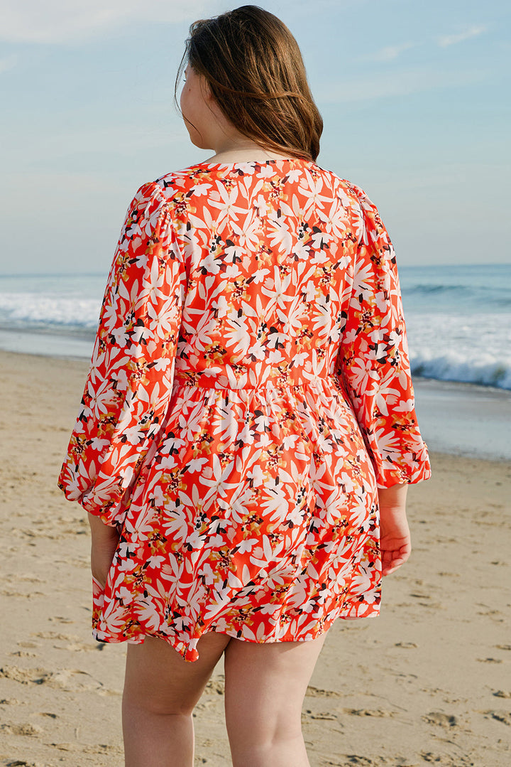 Floral Print Split V Neck Bubble Sleeve Plus Size Midi Dress