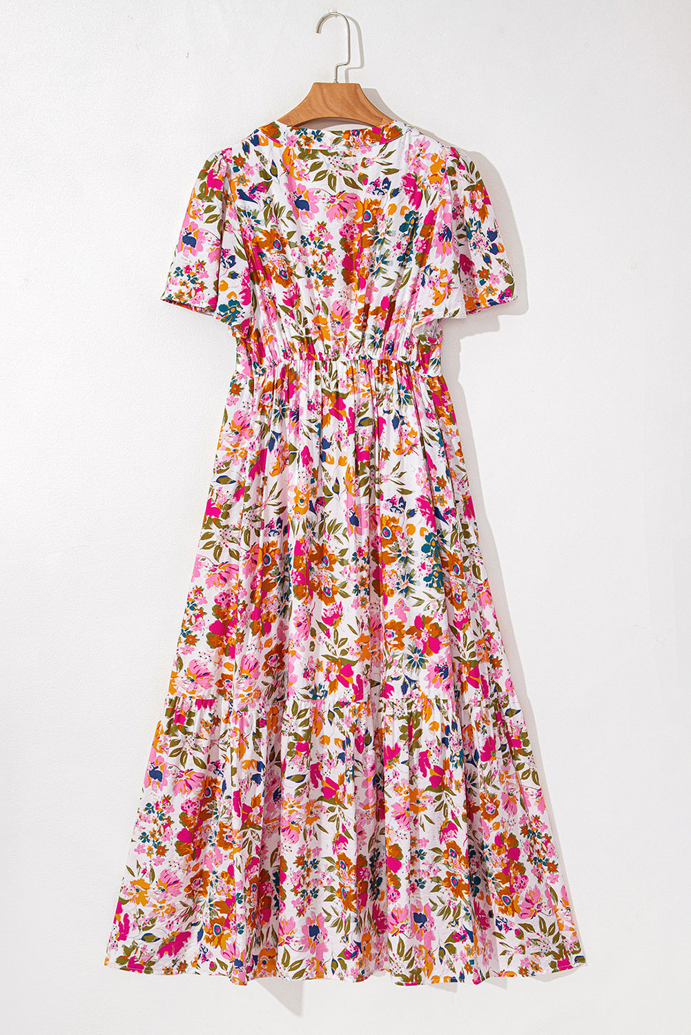 Floral Short Sleeve V Neck High Waist Maxi Dress