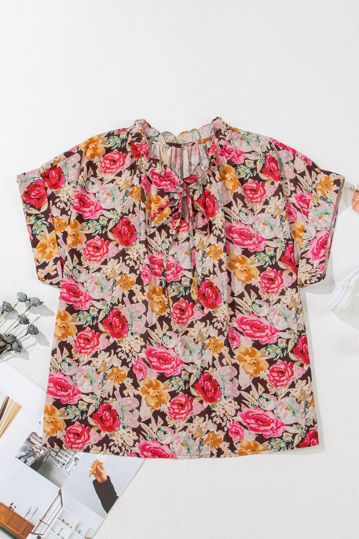 Floral Print Crew Neck Short Sleeve Shift Blouse