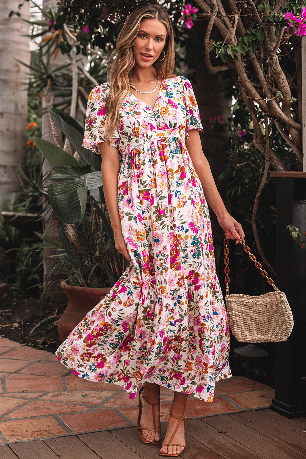 Floral Short Sleeve V Neck High Waist Maxi Dress
