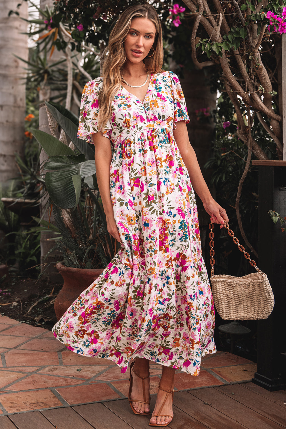Floral Short Sleeve V Neck High Waist Maxi Dress