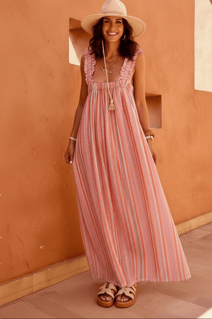 Pink Stripe Ruffled Straps Ribbon Knot Flowy Vacation Maxi Dress – ModeShe