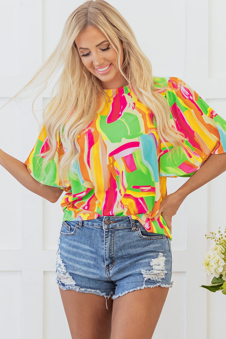 Abstract Print Keyhole Back Pleated Half Sleeve Blouse