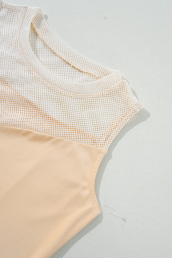 Solid Mesh Patchwork Crew Neck Tank Top