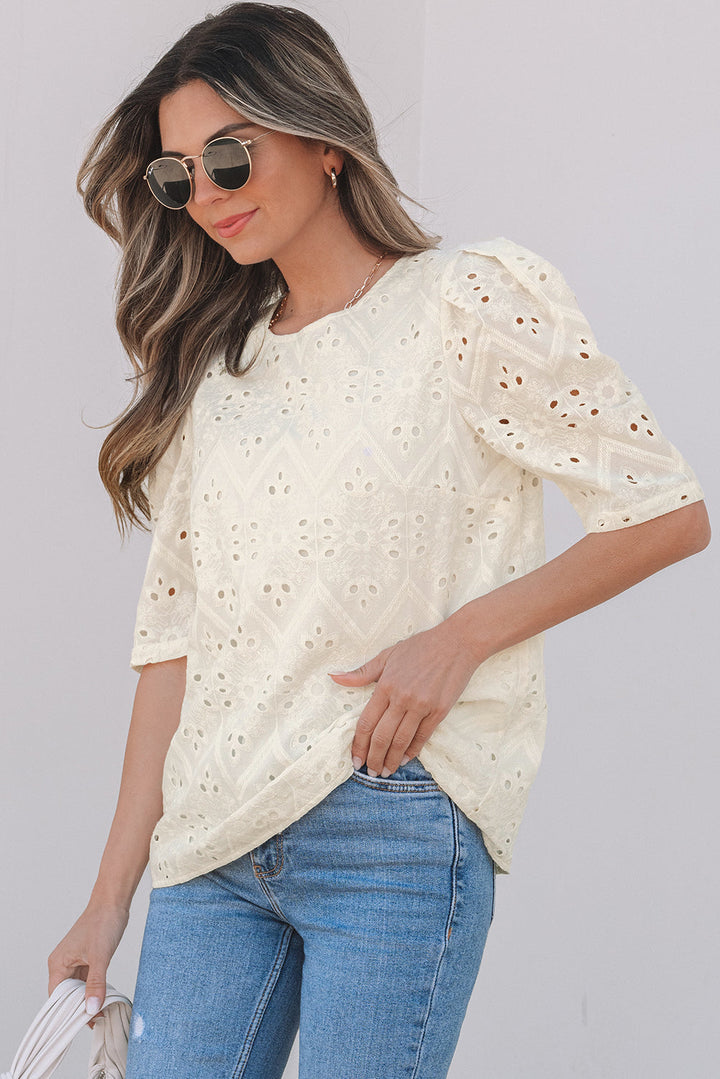 Eyelet Embroidered Half Sleeve Casual Blouse