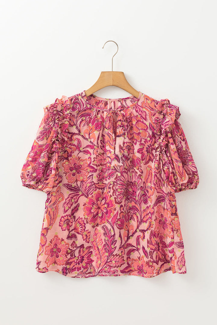 floral print ruffled puff short sleeve blouse
