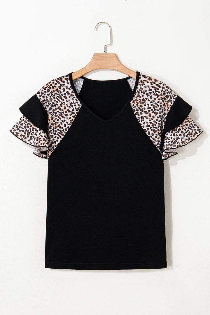 leopard print patchwork ruffled sleeve v neck t shirt