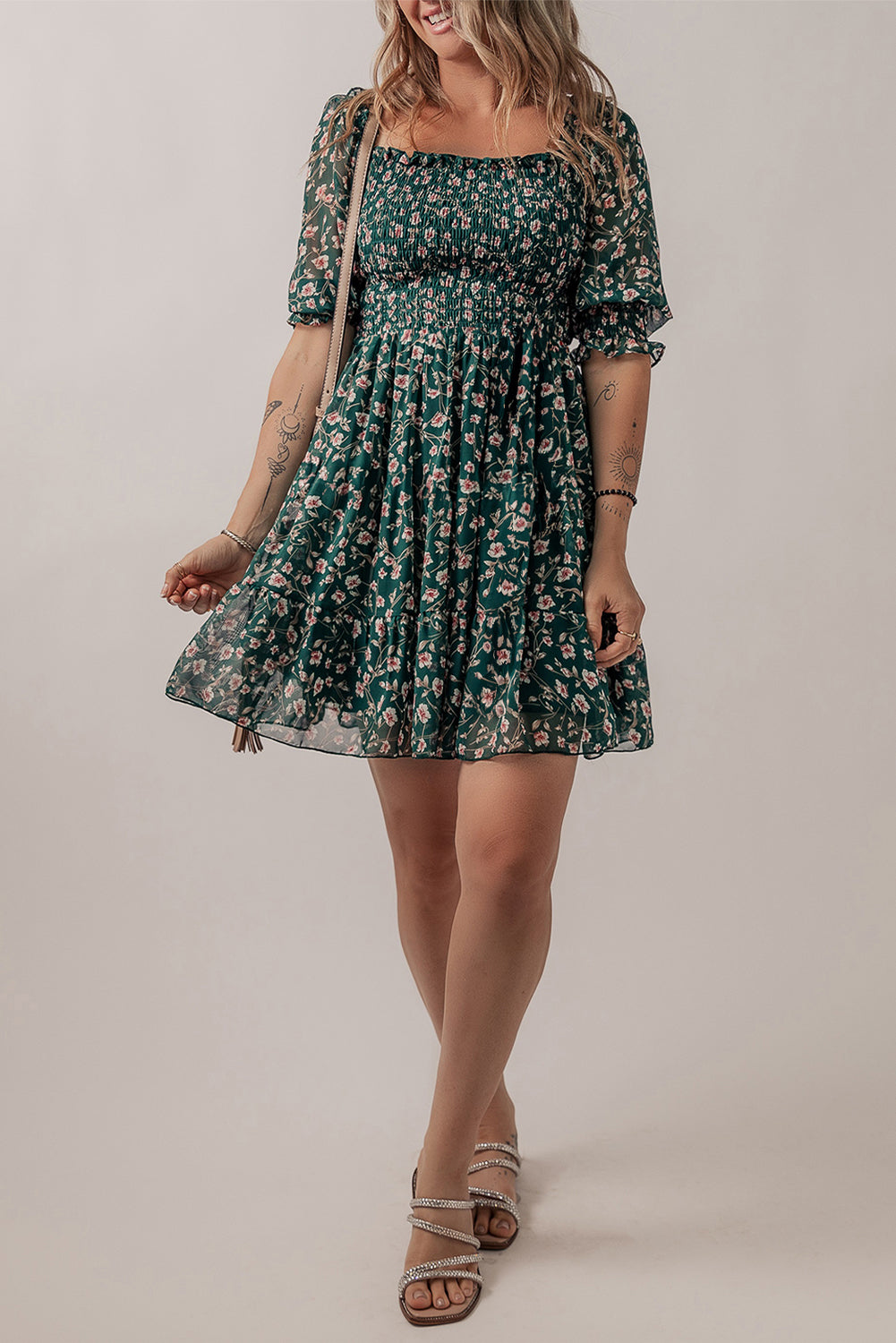 smocked square neck puff short sleeve floral dress