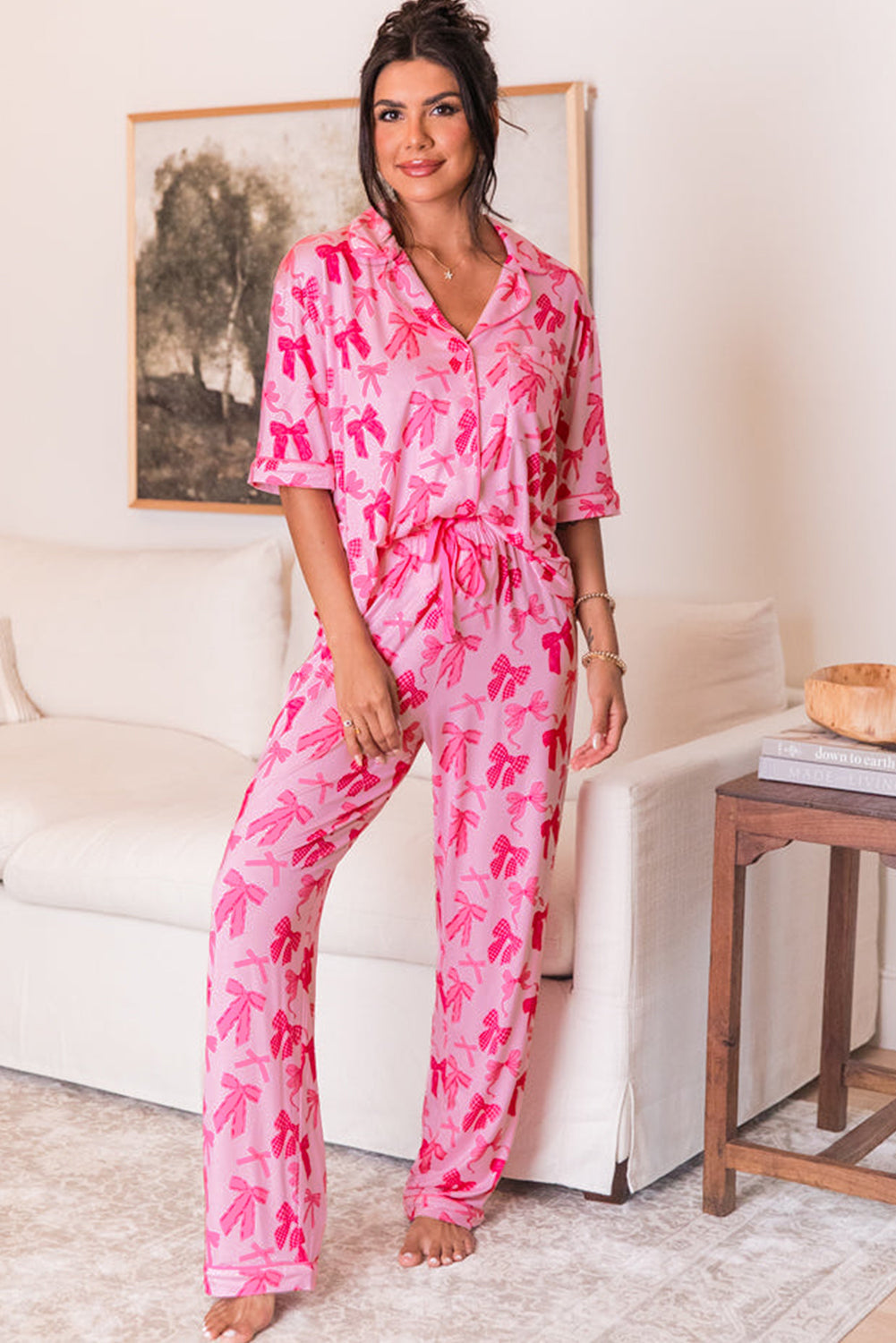 bow knot print lapel collar short sleeve and pants pajamas set