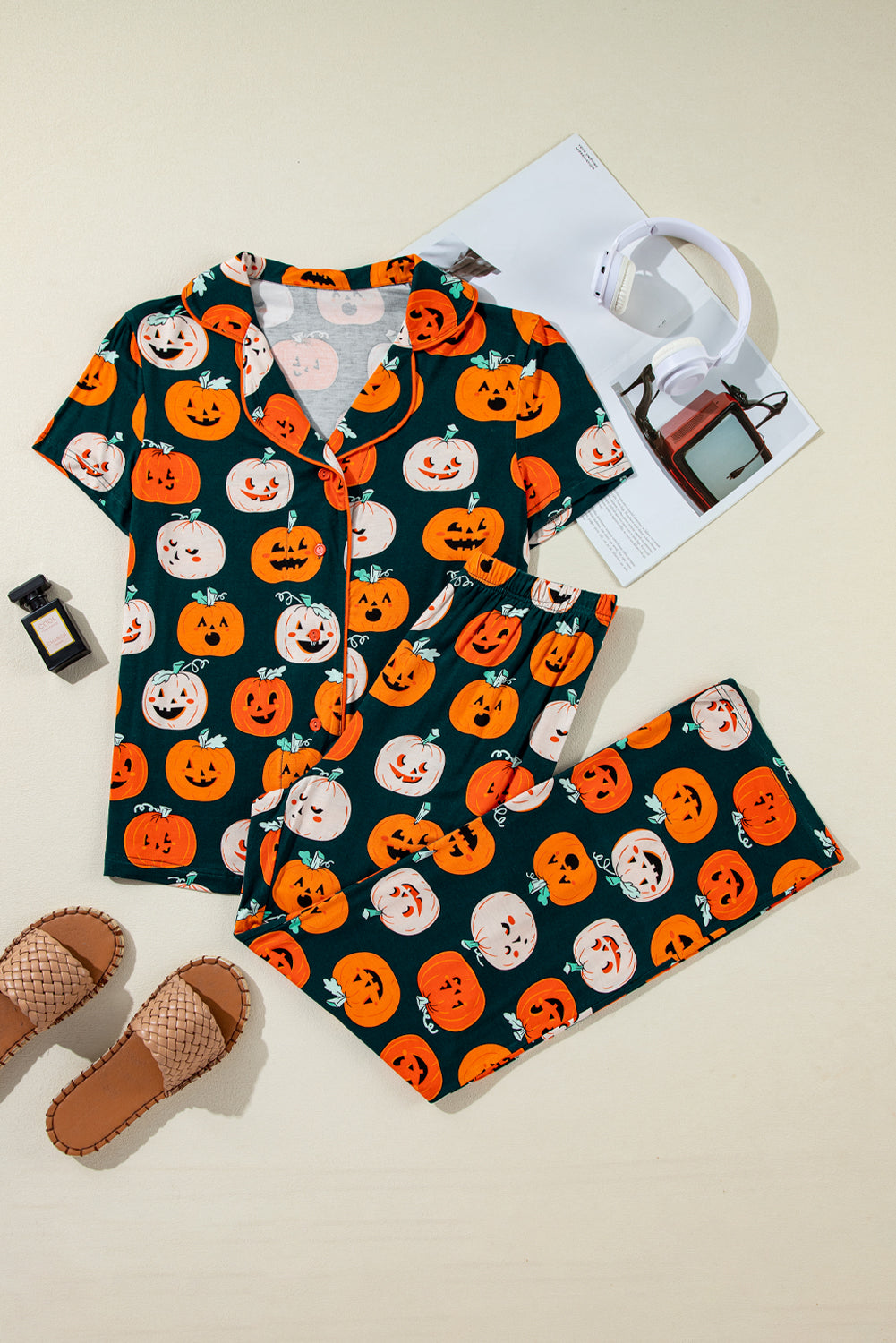 halloween pattern short sleeve shirt pajama set