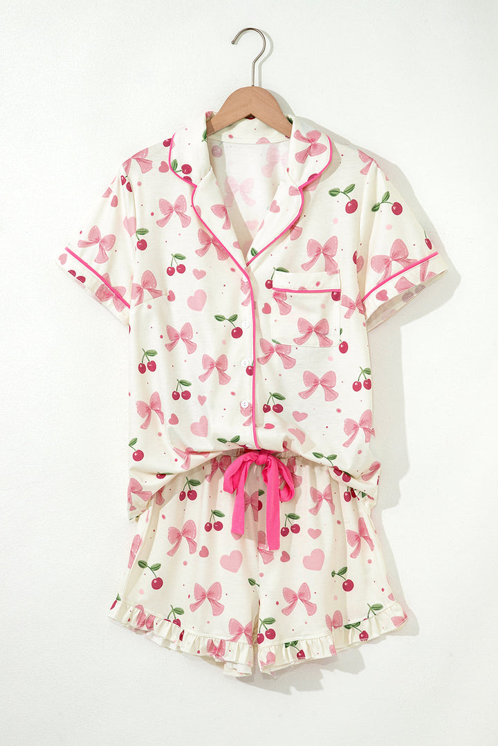 bow fruit print contrast pipping short pajamas set