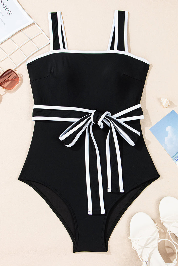 colorblock edge belted one piece swimsuit