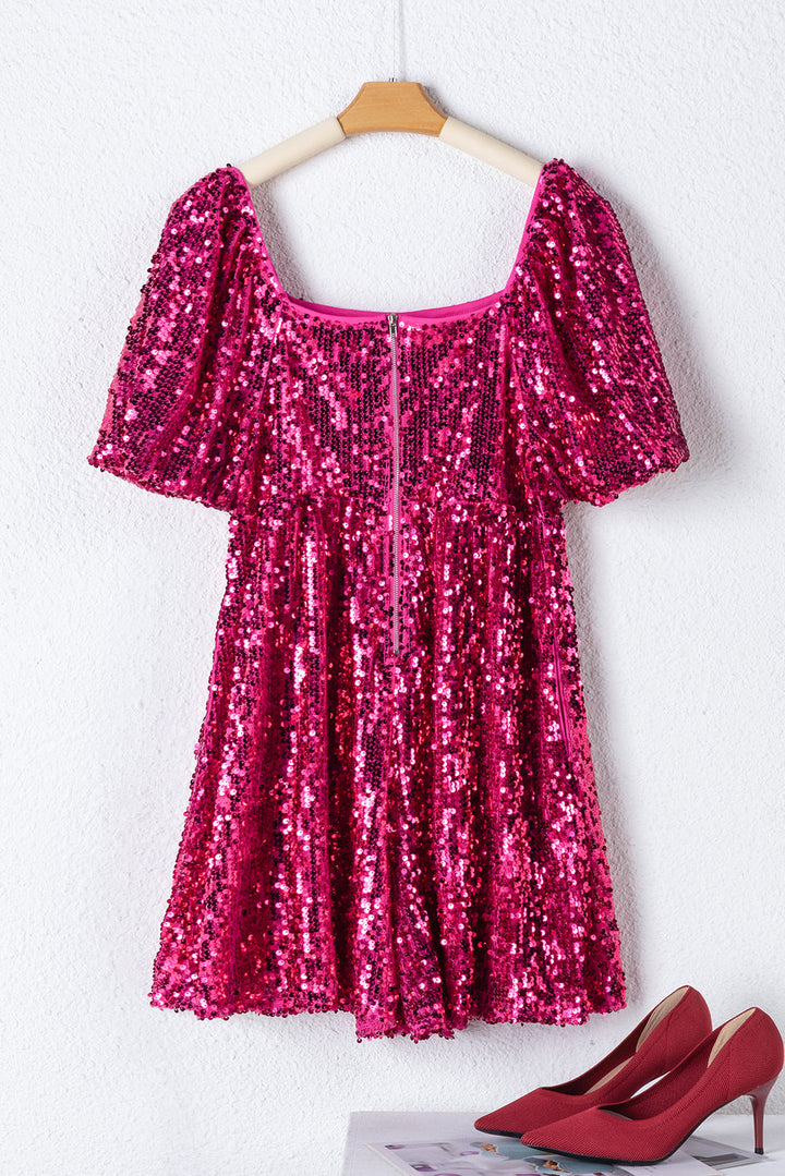 Short Puff Sleeve Sequin Babydoll Romper