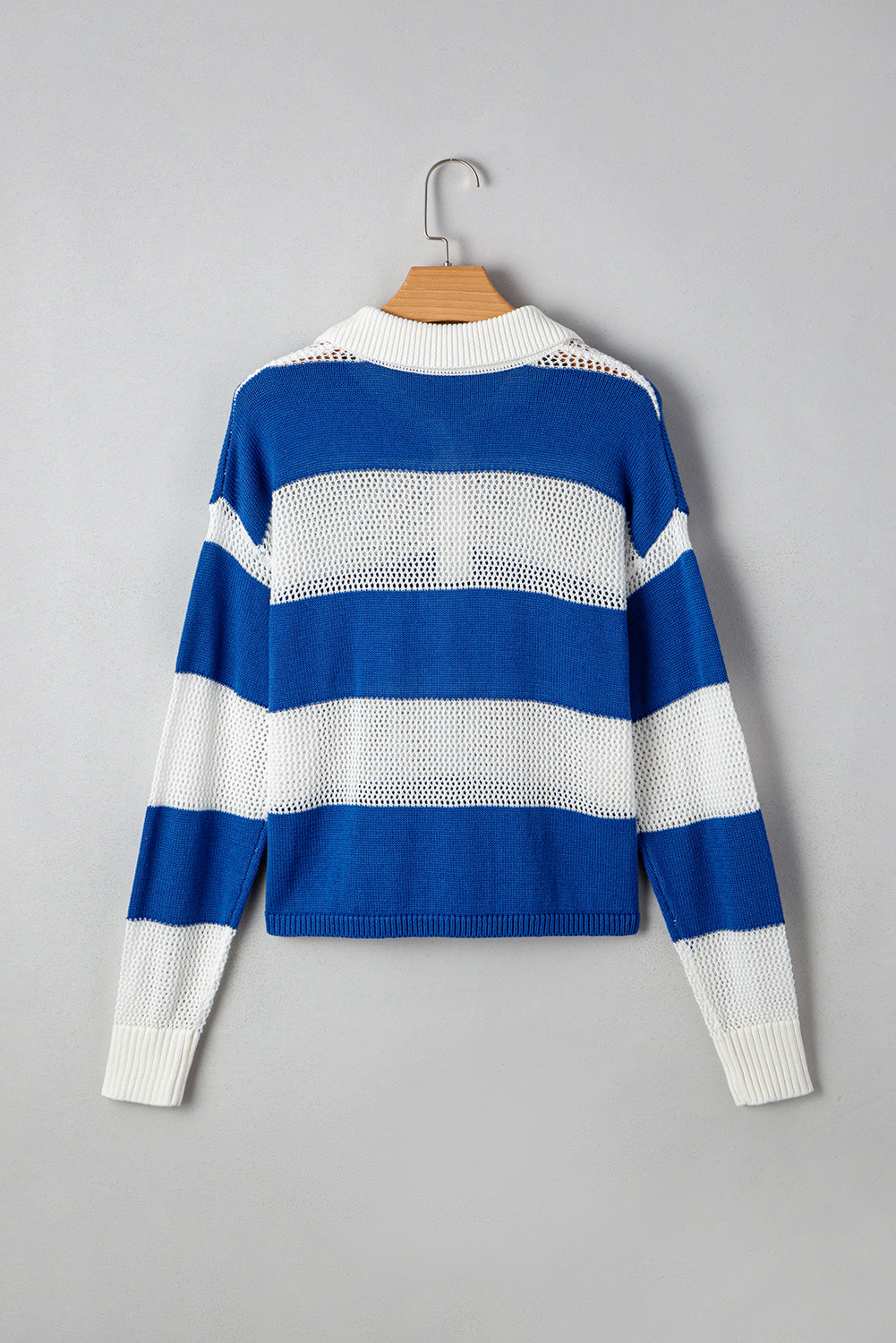 Colorblock Polo Collar Eyelet Crochet Knitted Sweater