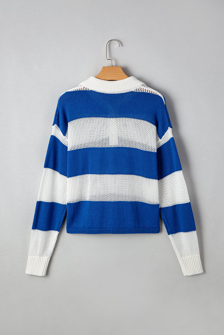 Colorblock Polo Collar Eyelet Crochet Knitted Sweater