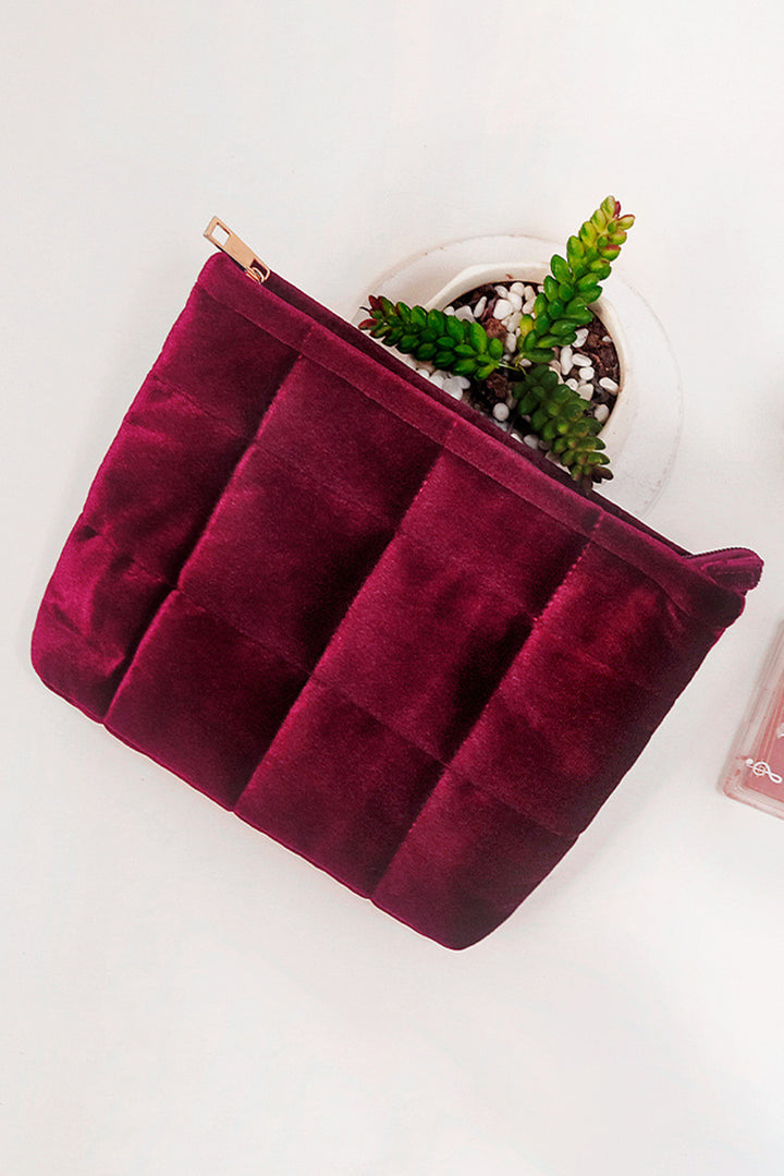Pochette de rangement pour cosmétiques en velours matelassé avec fermeture éclair