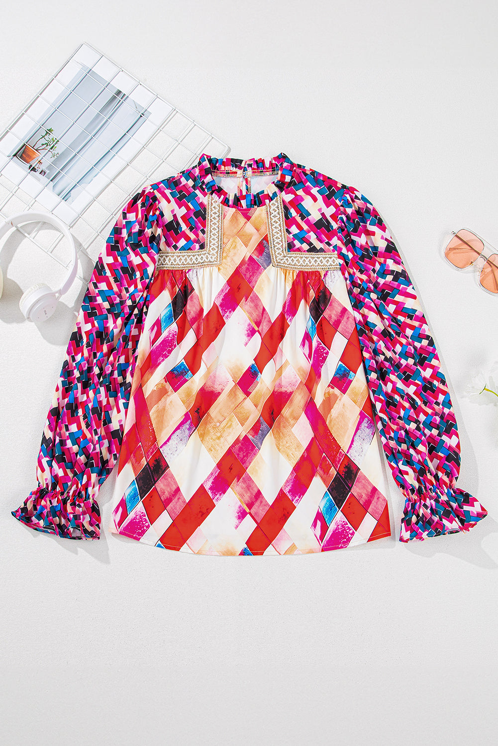 Abstract Geometric Pattern Patchwork Puff Sleeve Blouse