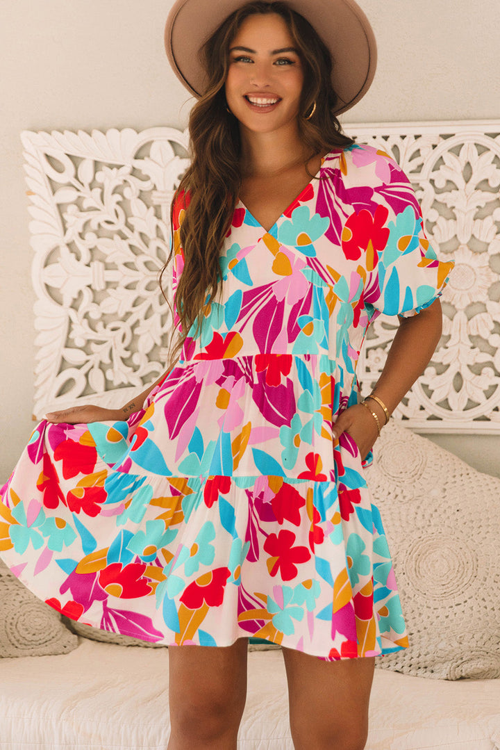 Floral Bubble Sleeve V Neck Tiered Ruffle Babydoll Dress