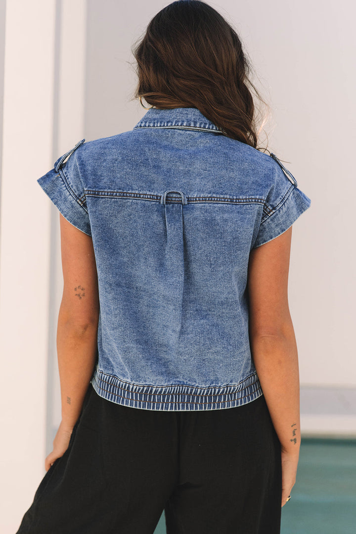 Acid Wash Elastic Hem Button Up Denim Vest