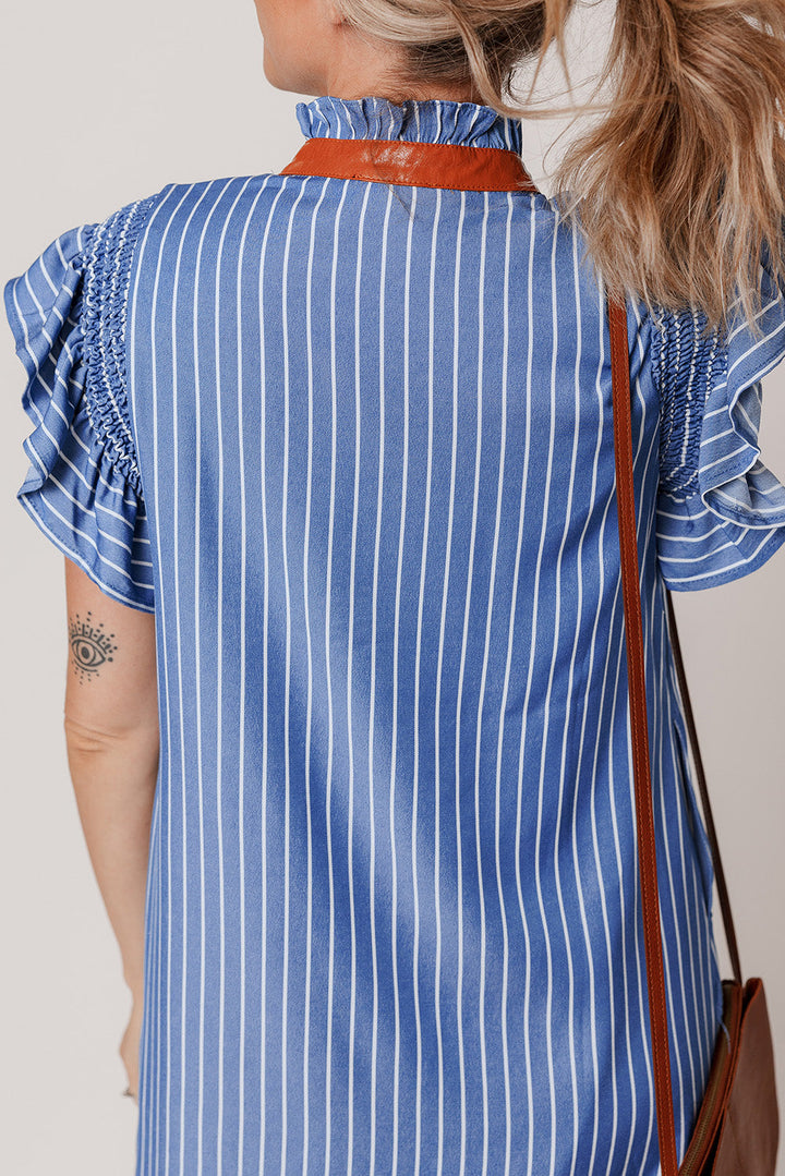 frilly split neck shirred ruffle sleeve short shift dress