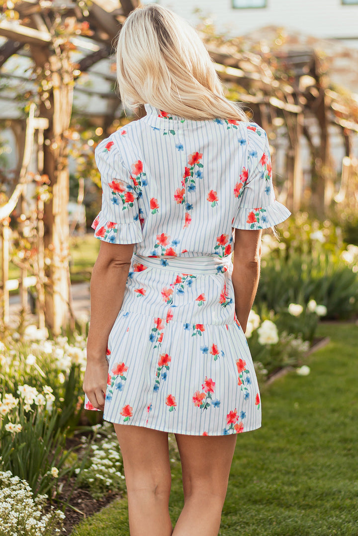 floral pattern ruffle short sleeve belted mini dress