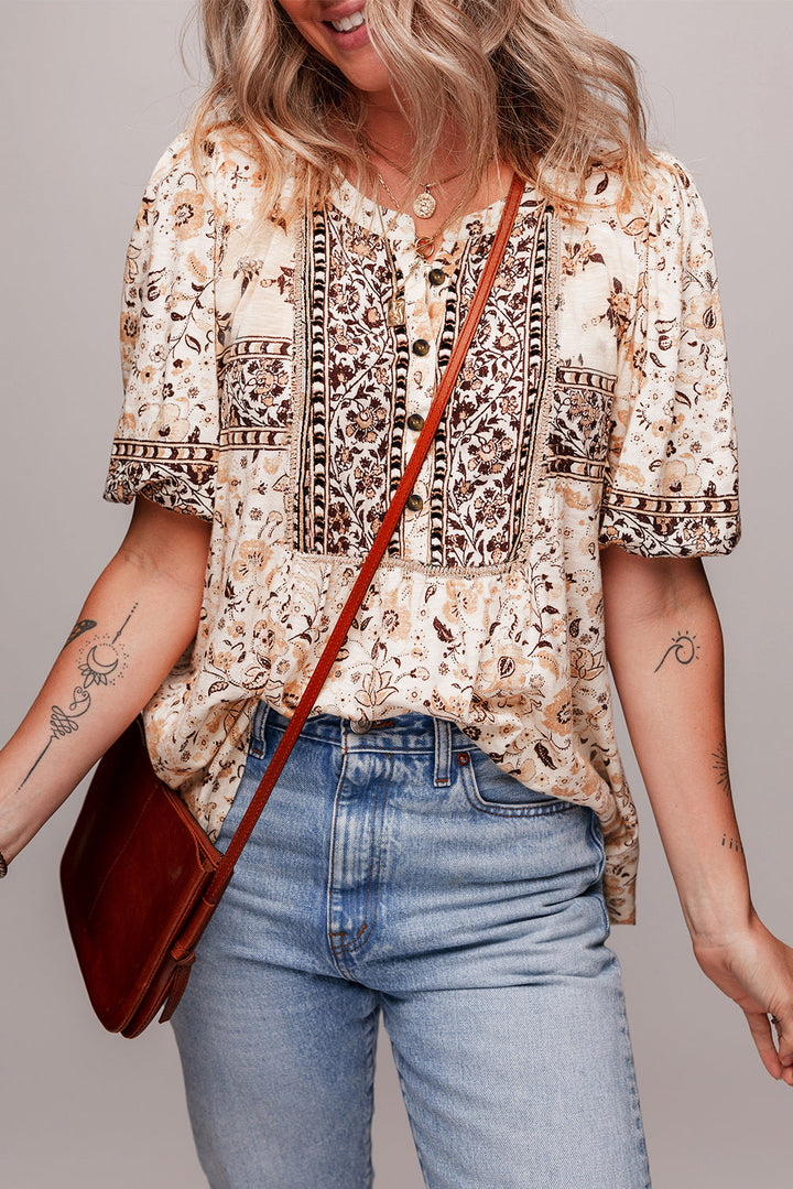 boho floral print half placket short sleeve loose blouse
