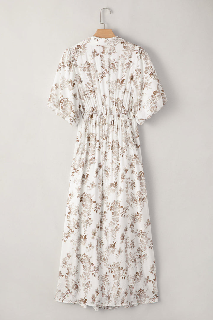 floral puff sleeve v neck buttoned front maxi dress