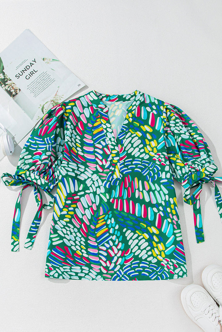 Brushwork Geometric Print Puff Sleeve Notched Neck Blouse