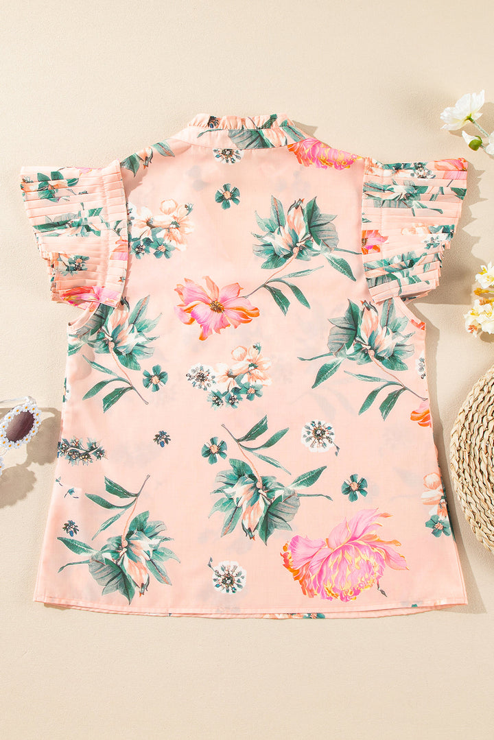 floral print frilled v neck pleated sleeve blouse
