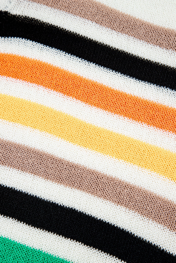 Striped Pocketed Loose Fit Crewneck Knitted T Shirt