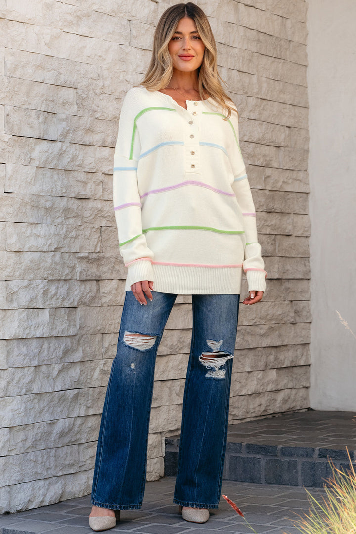 Rainbow Stripes Drop Shoulder Baggy Henley Sweater
