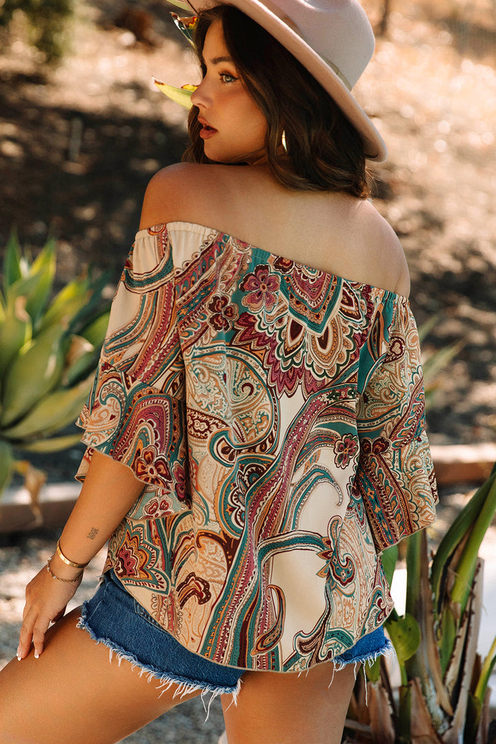Paisley Printed Shirred Off Shoulder Ruffled Draped Sleeve Blouse