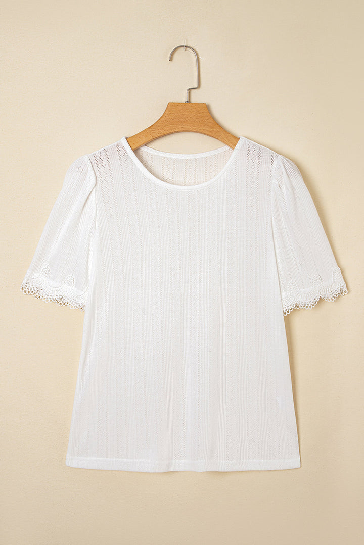 scalloped lace trim jacquard textured t shirt