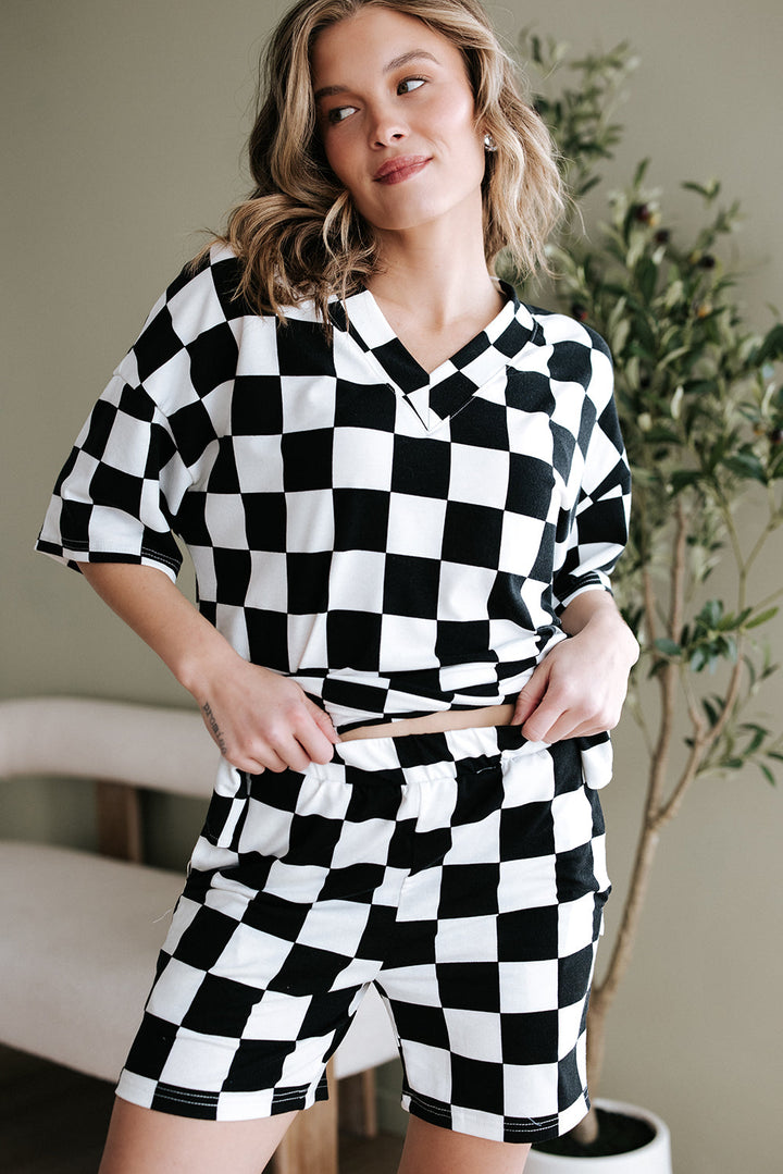 checkerboard print v neck loose tee and shorts lounge set