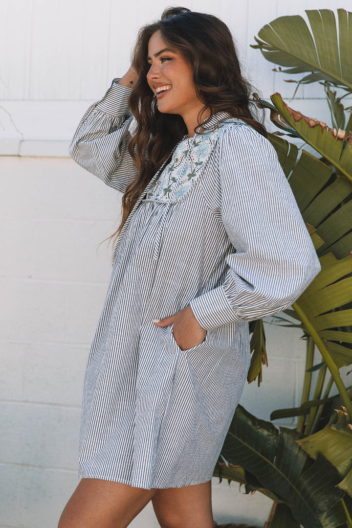 Floral Patchwork Tied V Neck Shift Long Sleeve Mini Dress