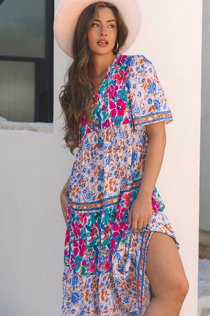 Mixed Floral Print Tie Split Neck Short Sleeve Dress