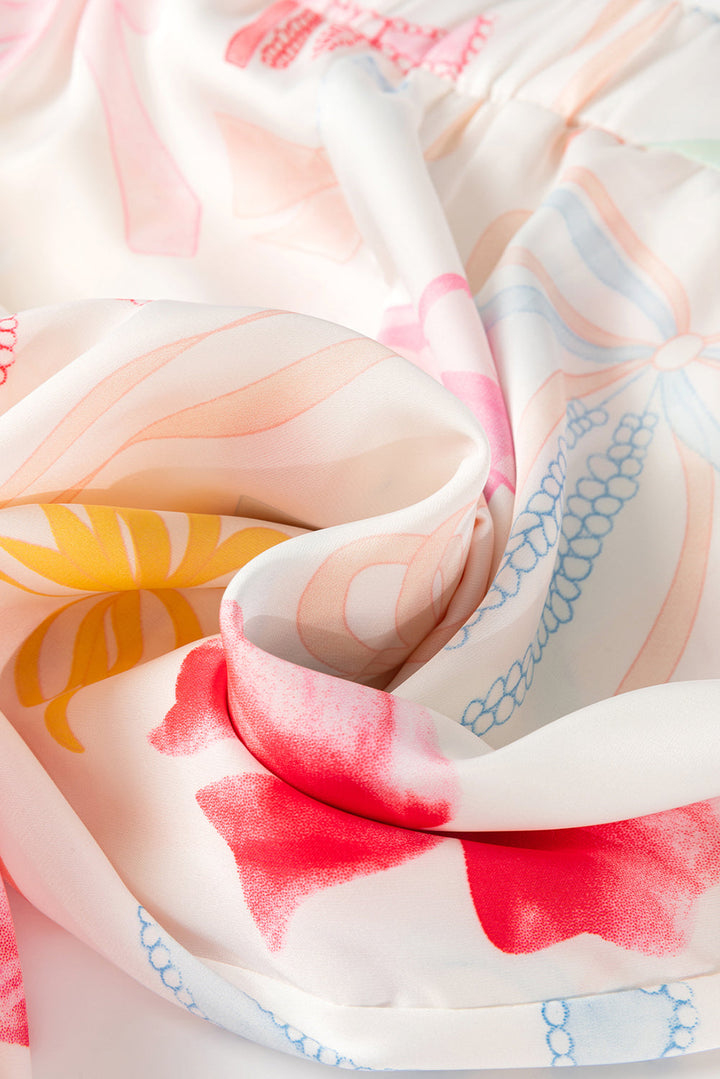 bow knot print lapel collar wide leg satin pajama set