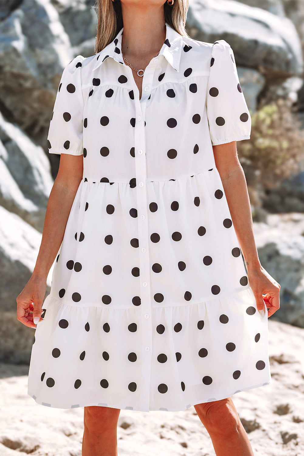 Polka Dot Print Short Sleeve Collar Buttoned Tiered Babydoll Dress