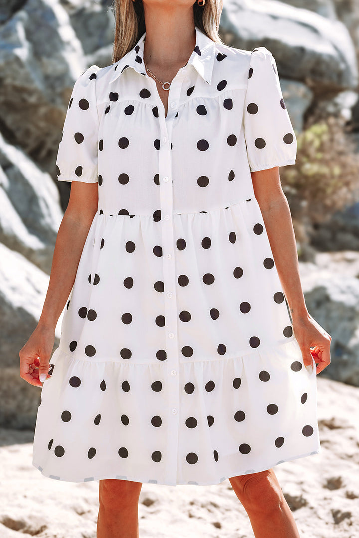 Polka Dot Print Short Sleeve Collar Buttoned Tiered Babydoll Dress