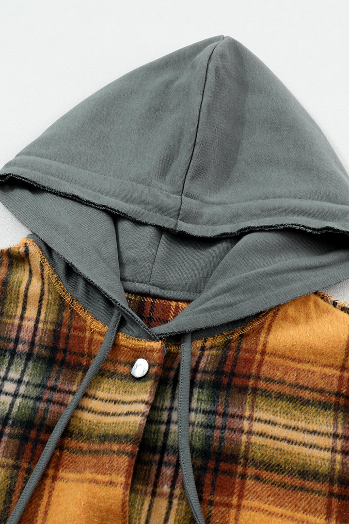 Plaid Patch Hooded Frayed Snap Button Jacket