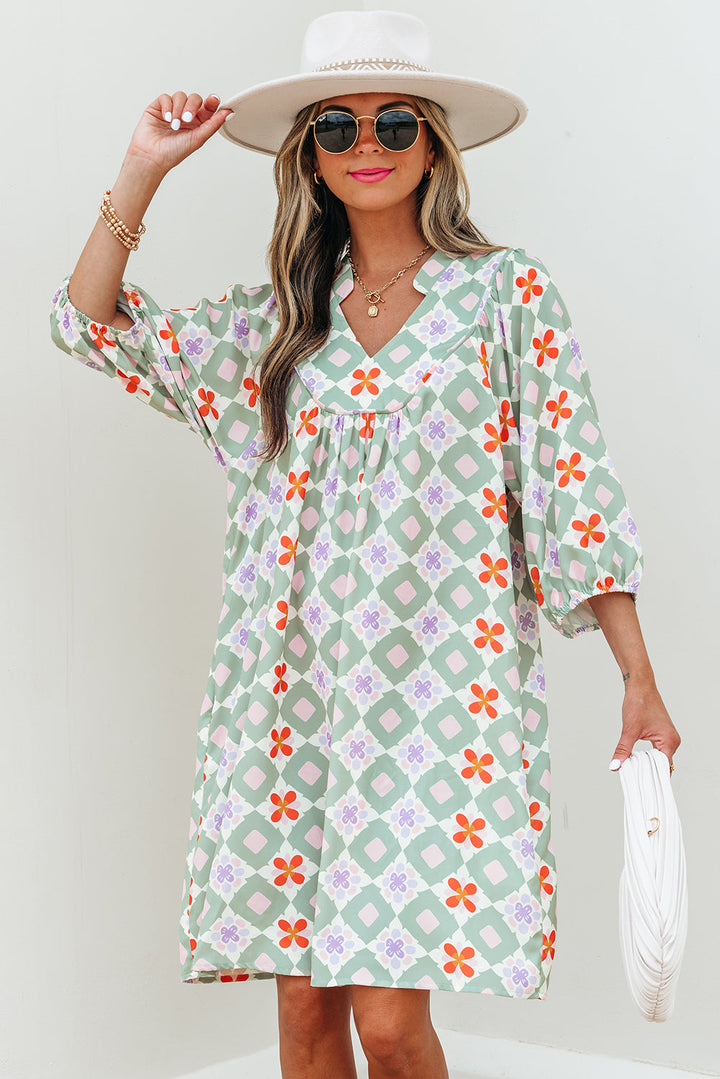 geometric floral print 3 4 sleeve notched neck mini dress