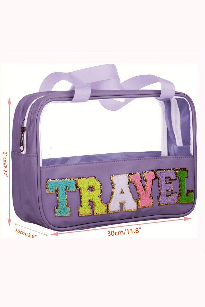 Trousse de maquillage en PVC transparent avec lettres en chenille violette