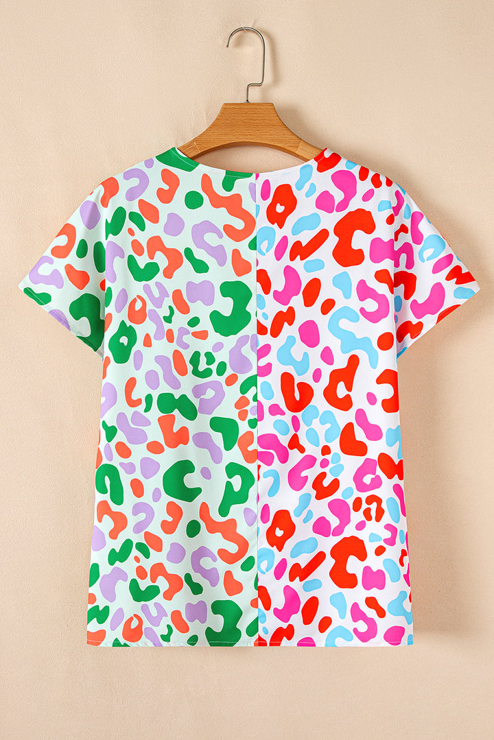 contrast leopard print v neck short sleeve blouse
